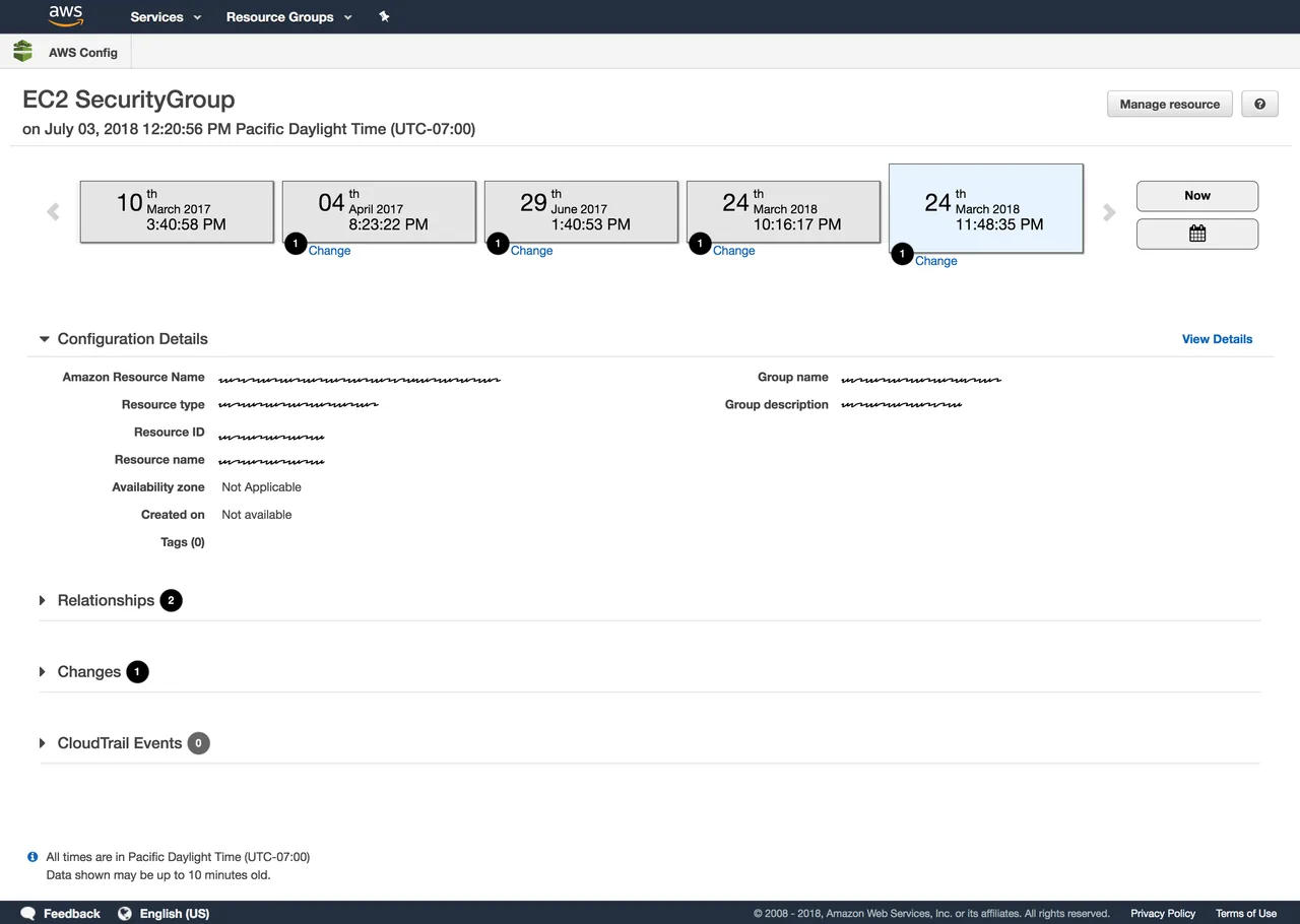 The final AWS Config console with the configuration timeline