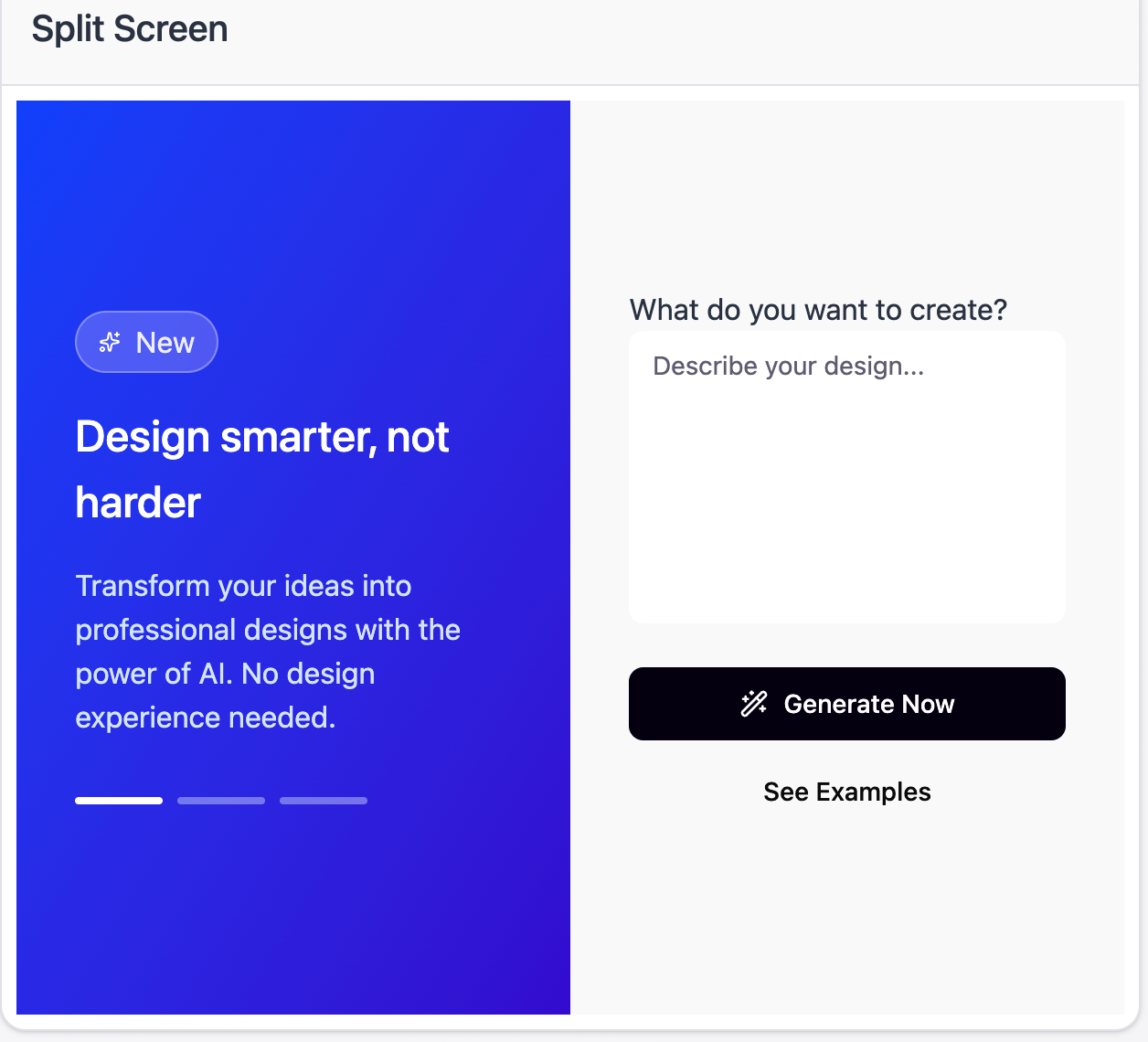 Generated split-screen wireframe with an editable prompt and actions