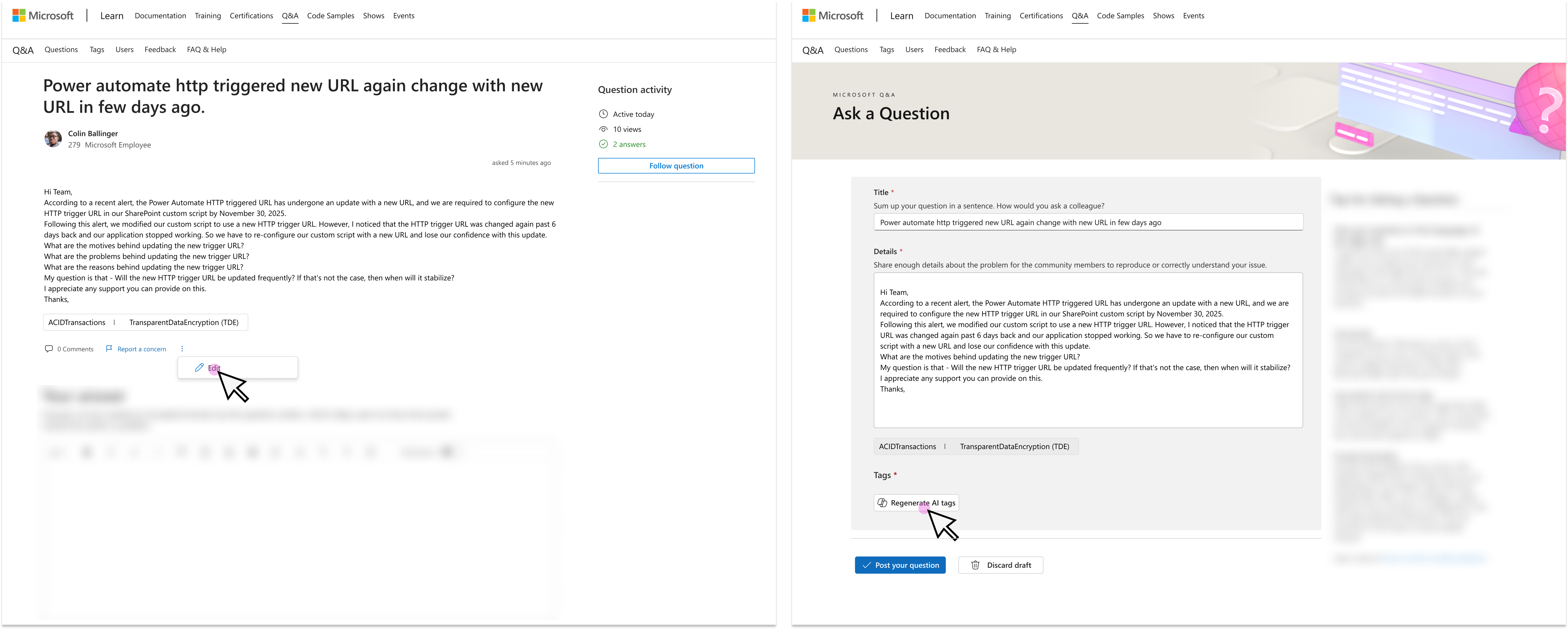 Edit question interface showing previously selected tags