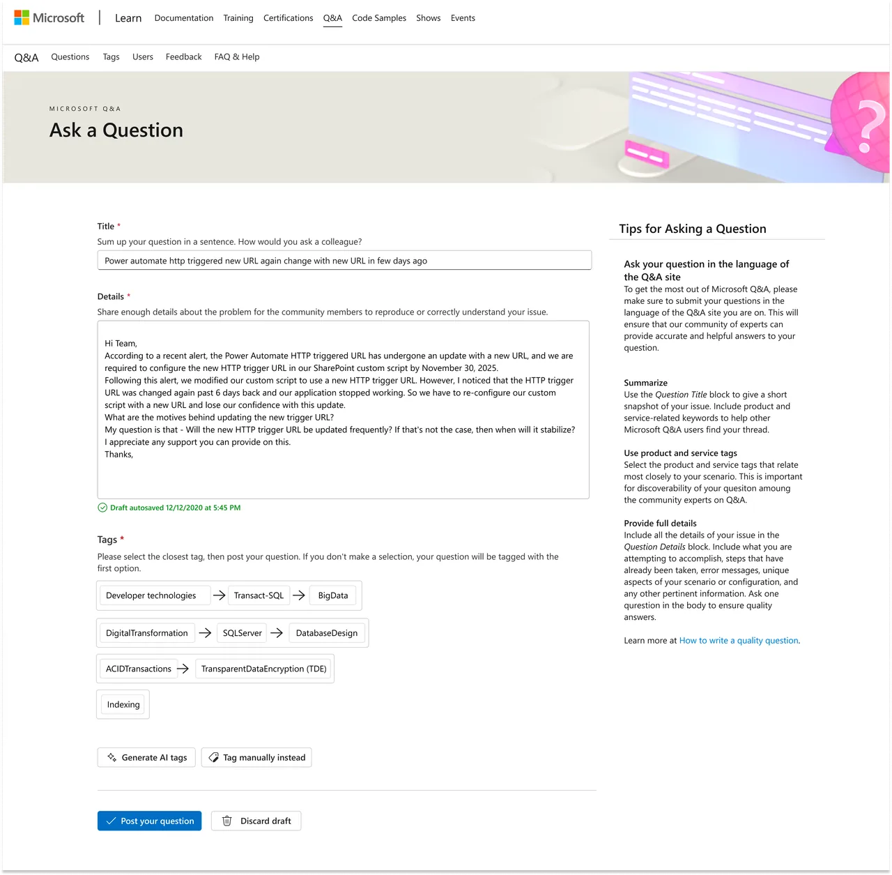 AI tag suggestions for Microsoft Q and A