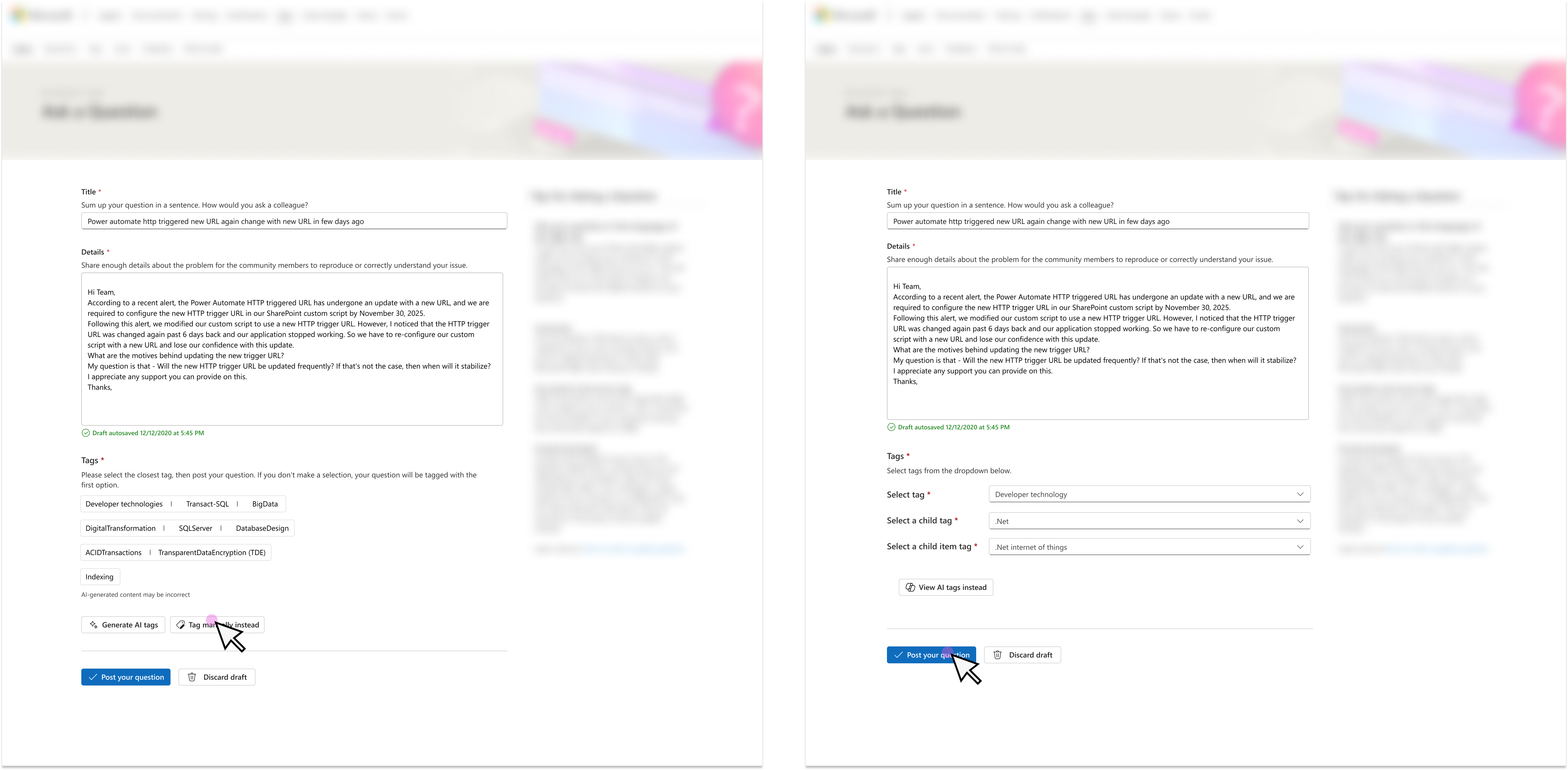 Manual tag selection interface with dropdown navigation