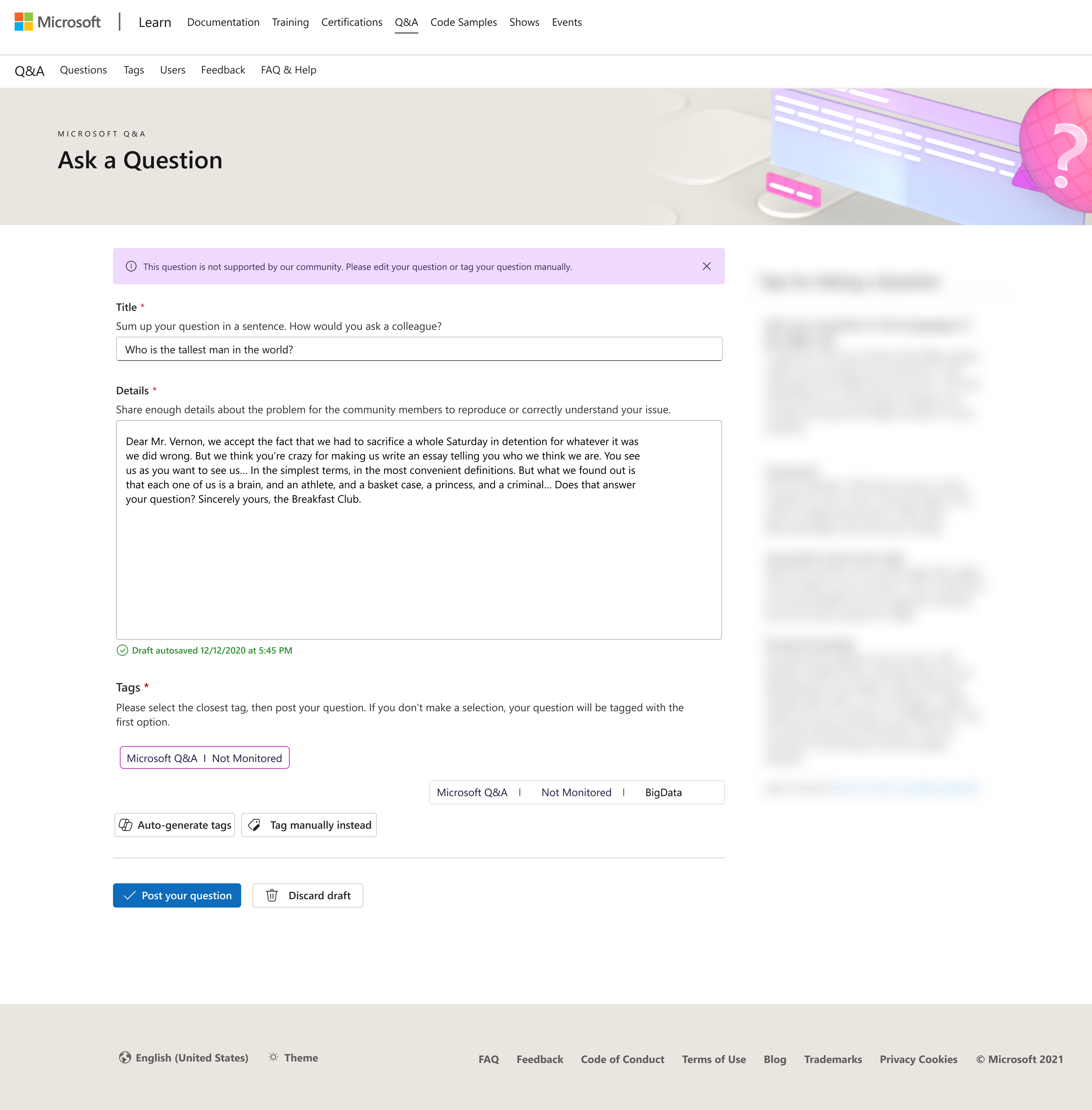 Not supported error state showing when tags cannot be generated